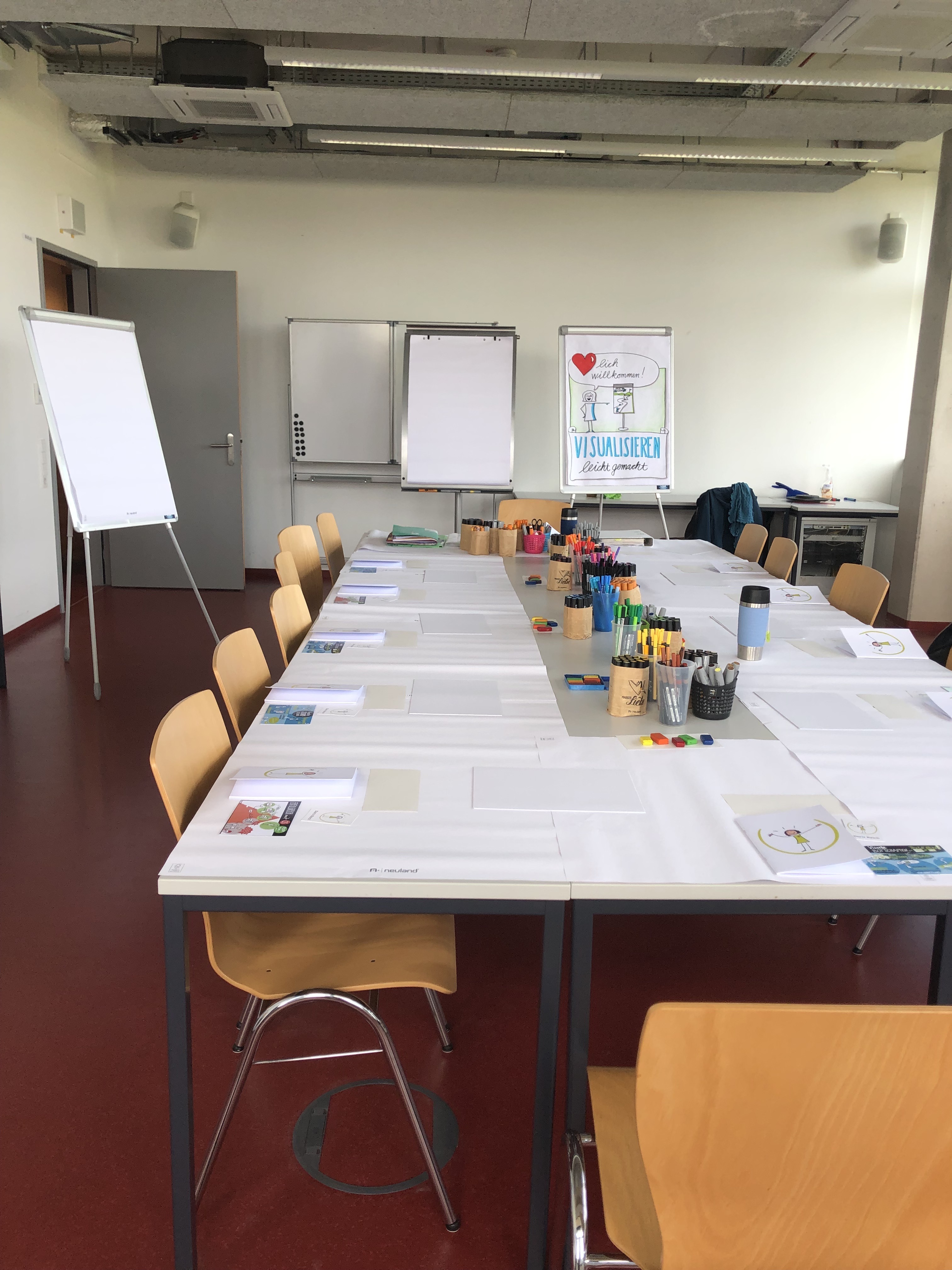 Trainingsraum für das Visualisierungstraining mit Flipcharts und Stiften in Regenbogenfarben