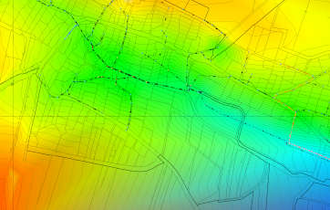 Über ein Kanalnetz mit Haltungen und Flurstücken ist ein digitales Geländemodell mit Höhenlinien gelegt. Das Geländemodell ist abhängig von den Höhen eingefärbt (orange bis blau)